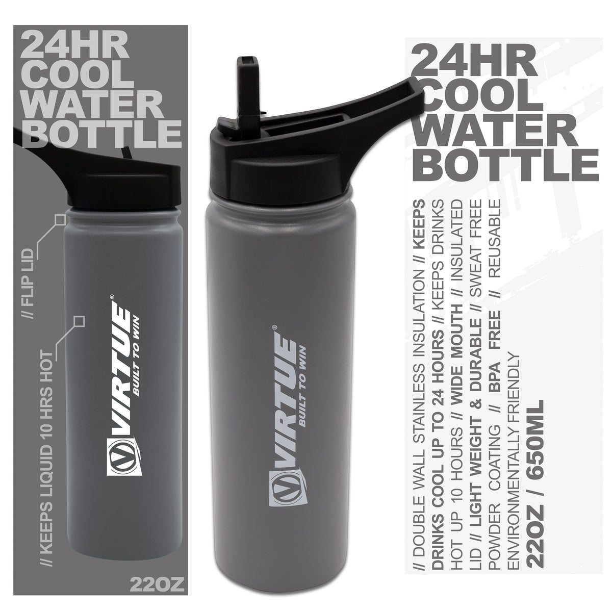 Virtue Stainless Steel 24Hr Cool Water Bottle - 22oz - Gray –